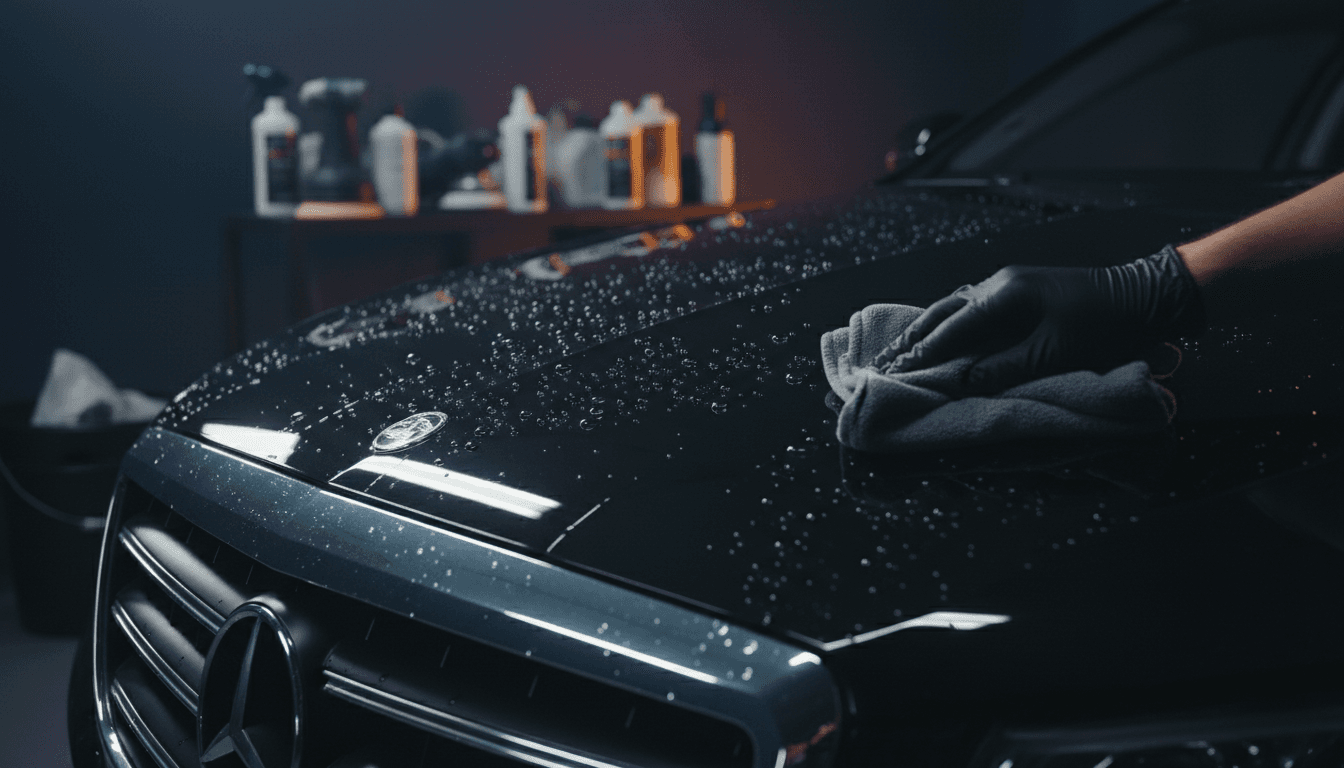 Close-up of a car's reflective paint surface being detailed by a professional technician