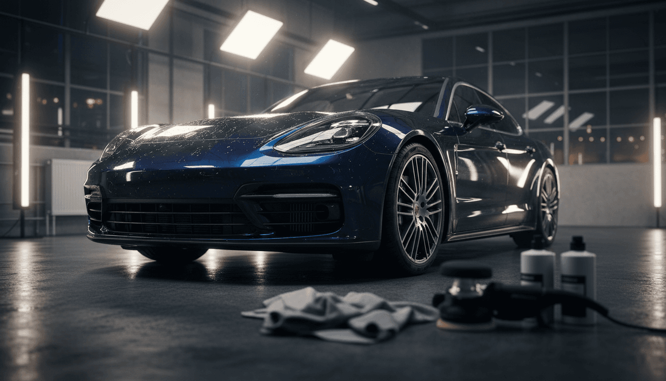 Professional car detailing technician polishing a gleaming black sedan with precision equipment