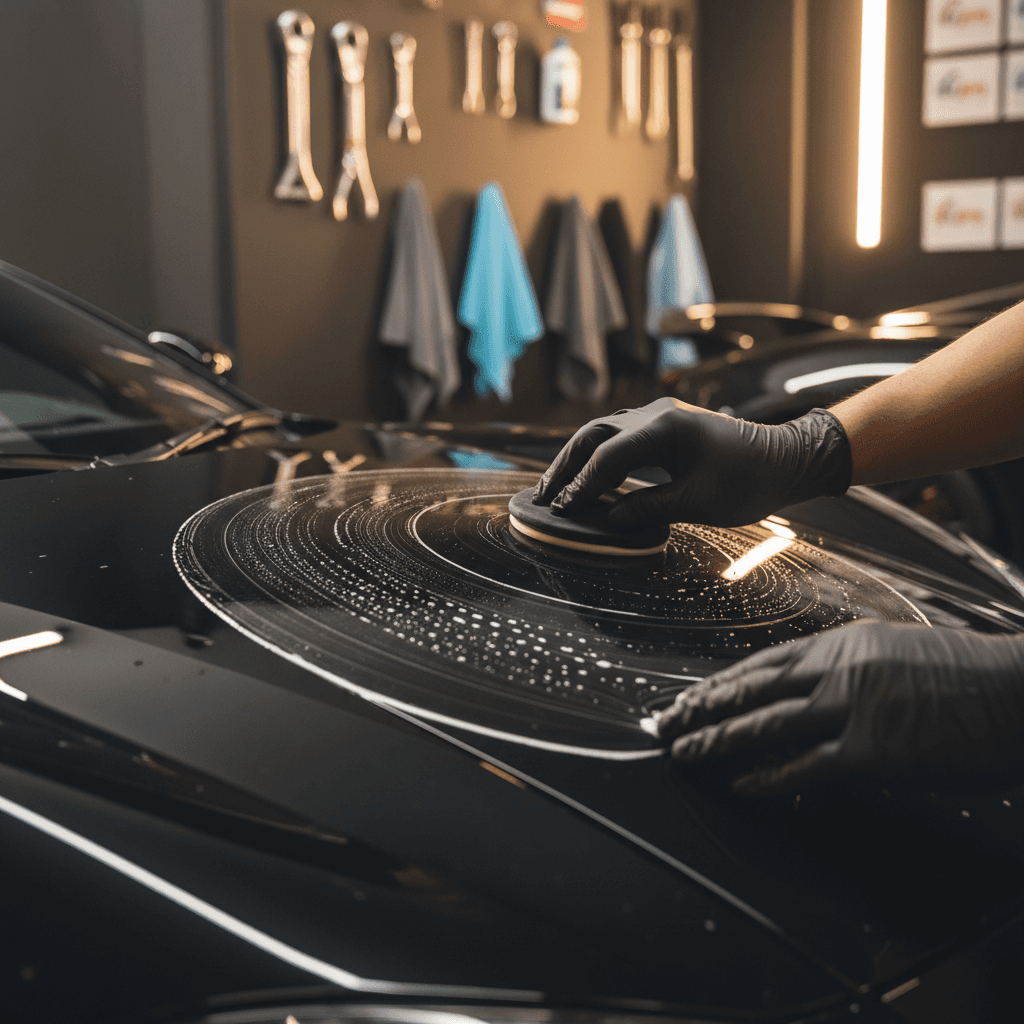 Close-up of detailed hand application showing meticulous car care technique