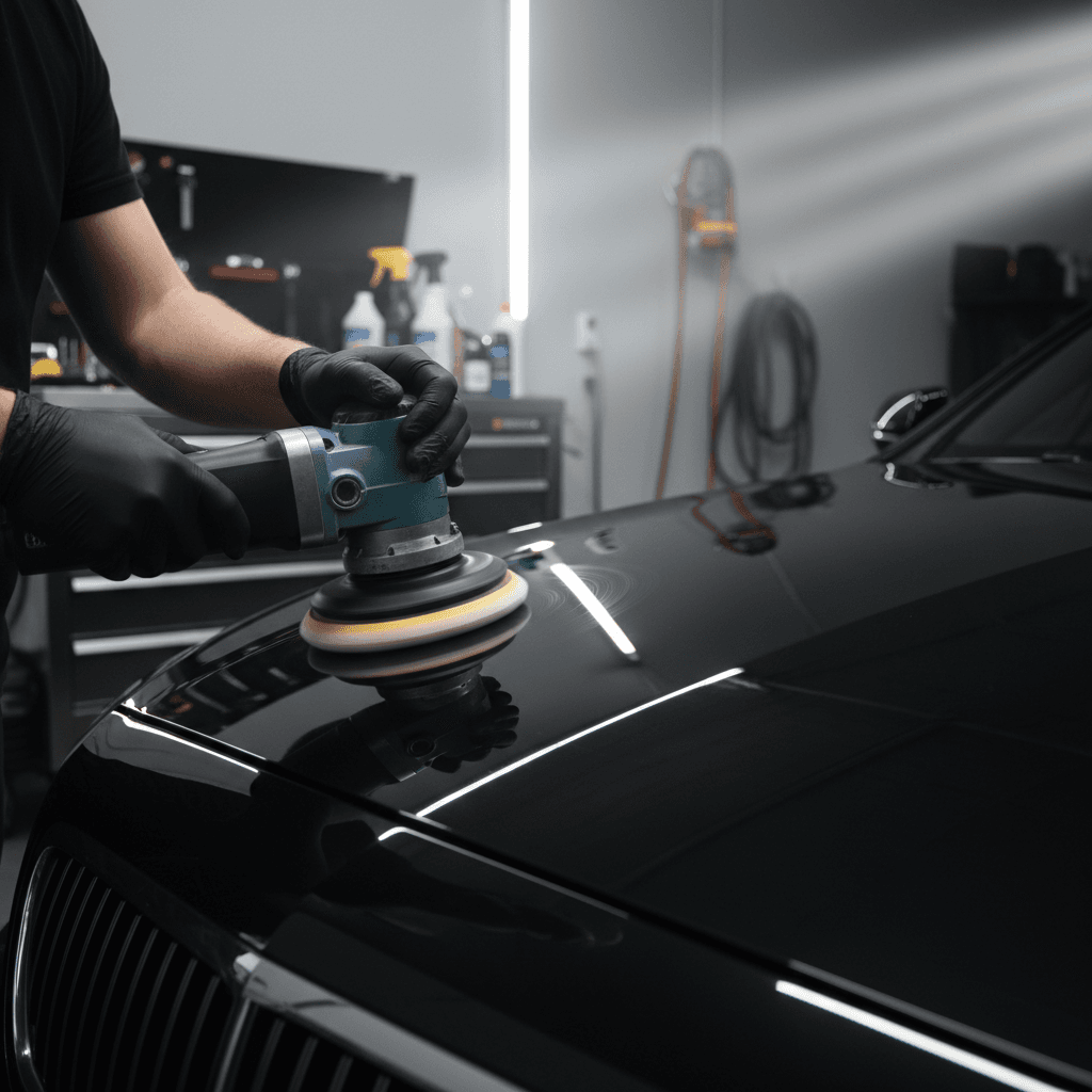 Professional detailer polishing a black car with microfiber cloth, vehicle gleaming under spotlights