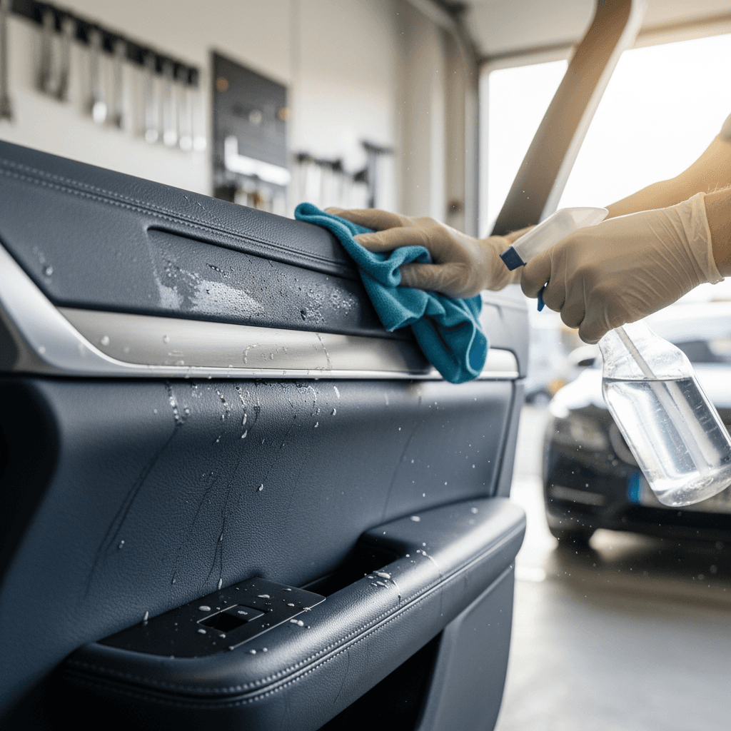 Interior car detailing showing vacuum cleaning of vehicle seats
