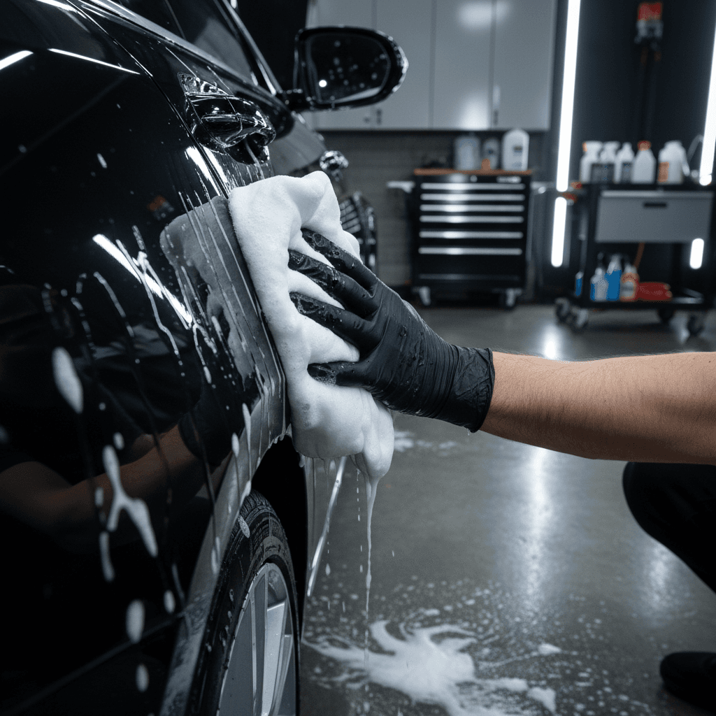 Mobile car wash service with professional pressure washer on black sedan