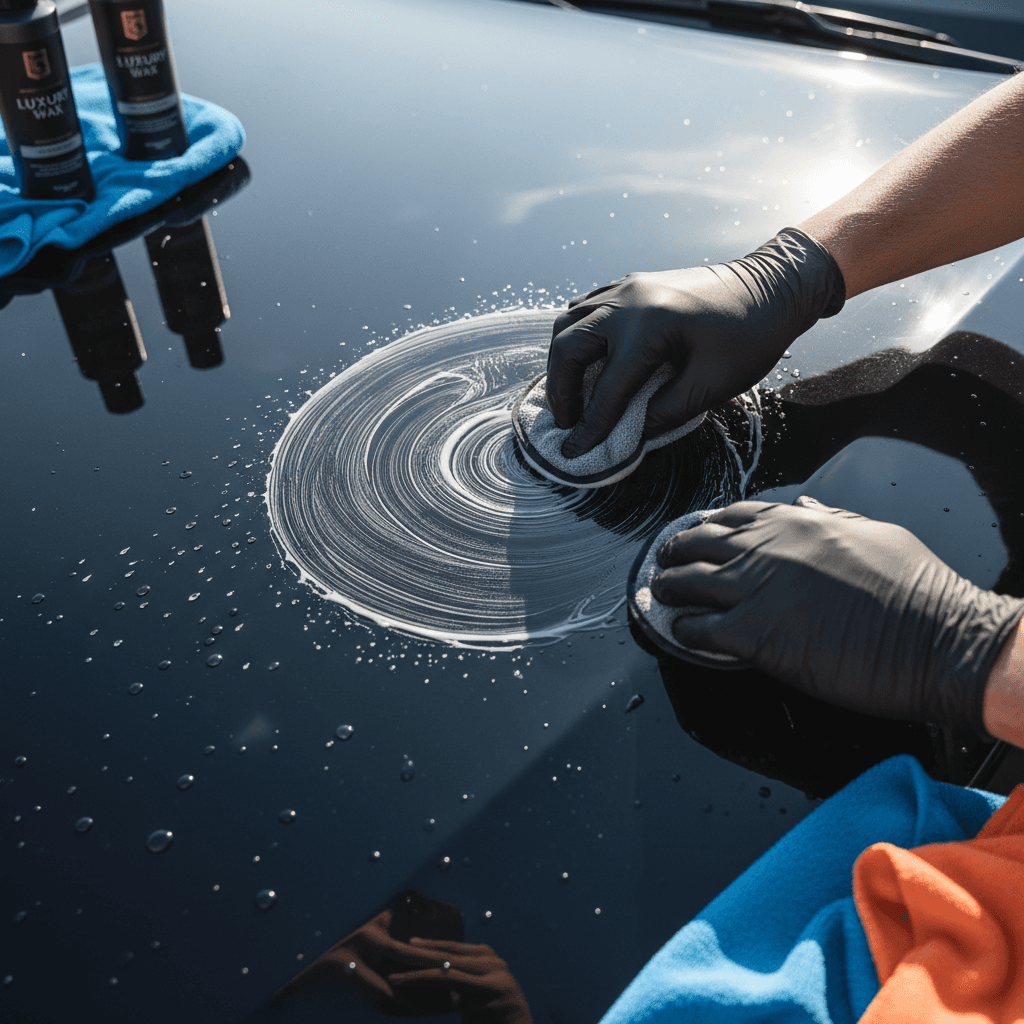 Exterior car detailing showing hand application of protective wax to vehicle hood